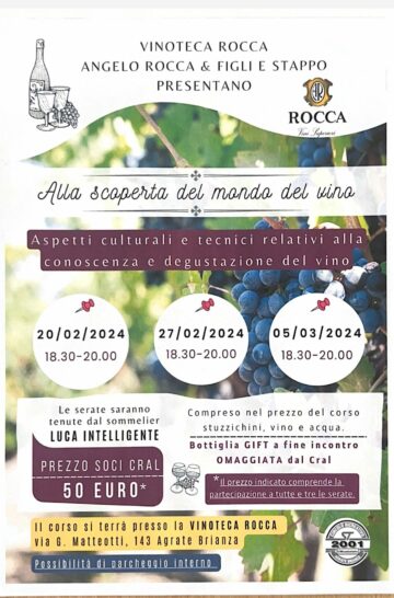 Caro/a appassionato/a di vino, Siamo entusiasti di annunciare la seconda edizione del corso "Alla scoperta del mondo del vino" con il sommelier Luca Intelligente. Dopo il grande successo della prima edizione, questa è un'opportunità imperdibile per esplorare gli aspetti culturali e tecnici legati alla conoscenza e degustazione del vino. Il corso si svolgerà presso la vinoteca Rocca, offrendo un percorso coinvolgente e informativo. Con soli 25 posti disponibili, vi invitiamo ad affrettarvi nell'iscrizione. Potete registrarvi presso il CRAL dal lunedì al venerdì, dalle 11 alle 14.30. Non perdete l'occasione di arricchire la vostra esperienza enologica con questo straordinario corso. Vi aspettiamo numerosi!